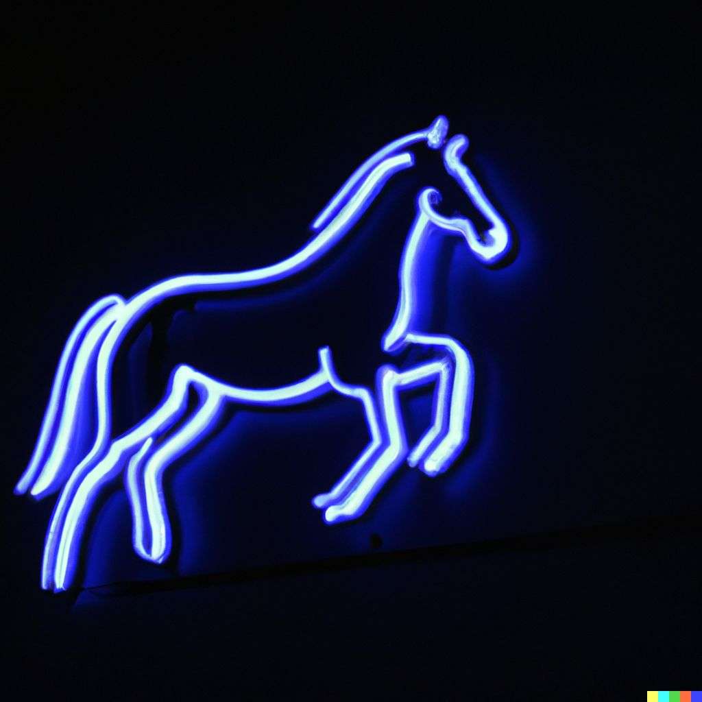 a horse, neon sign on a black wall